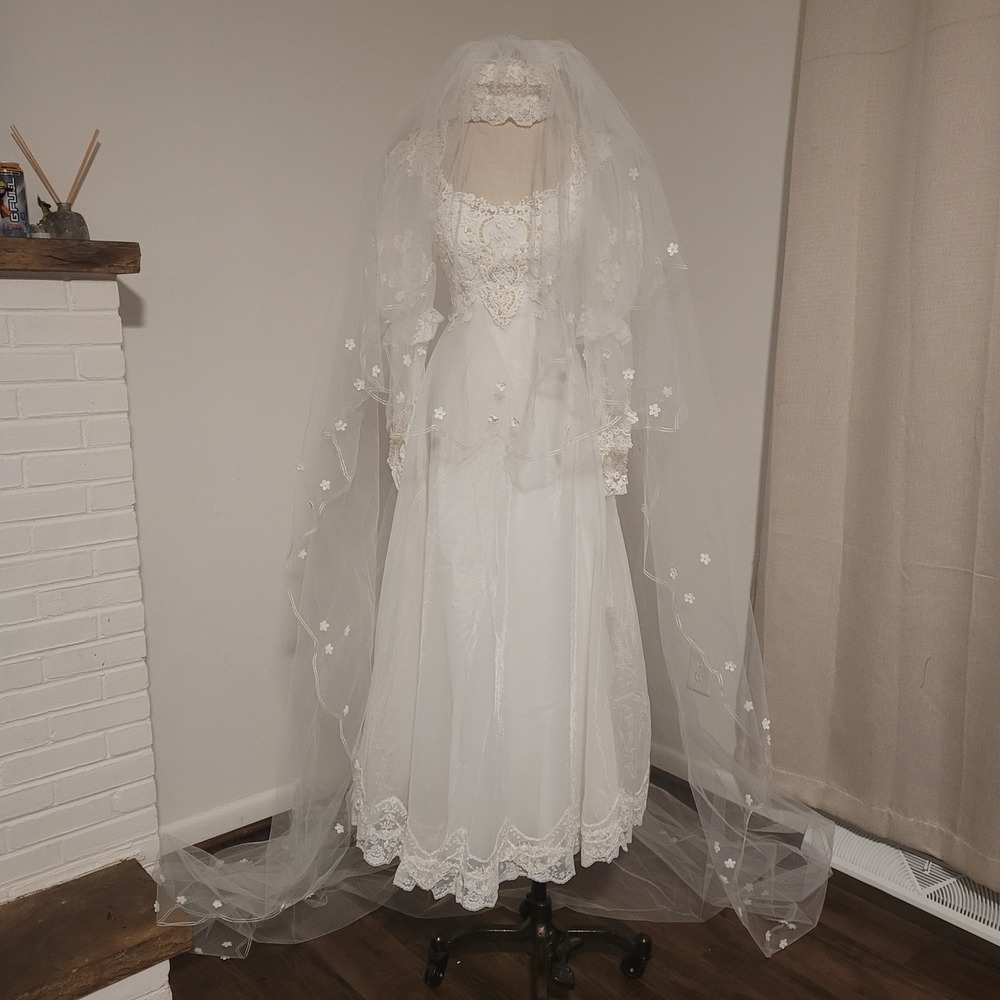 Vintage Eve Of Milady Wedding Dress Matching‎ Veil Sz XXS 2XS Lace Floral Beaded